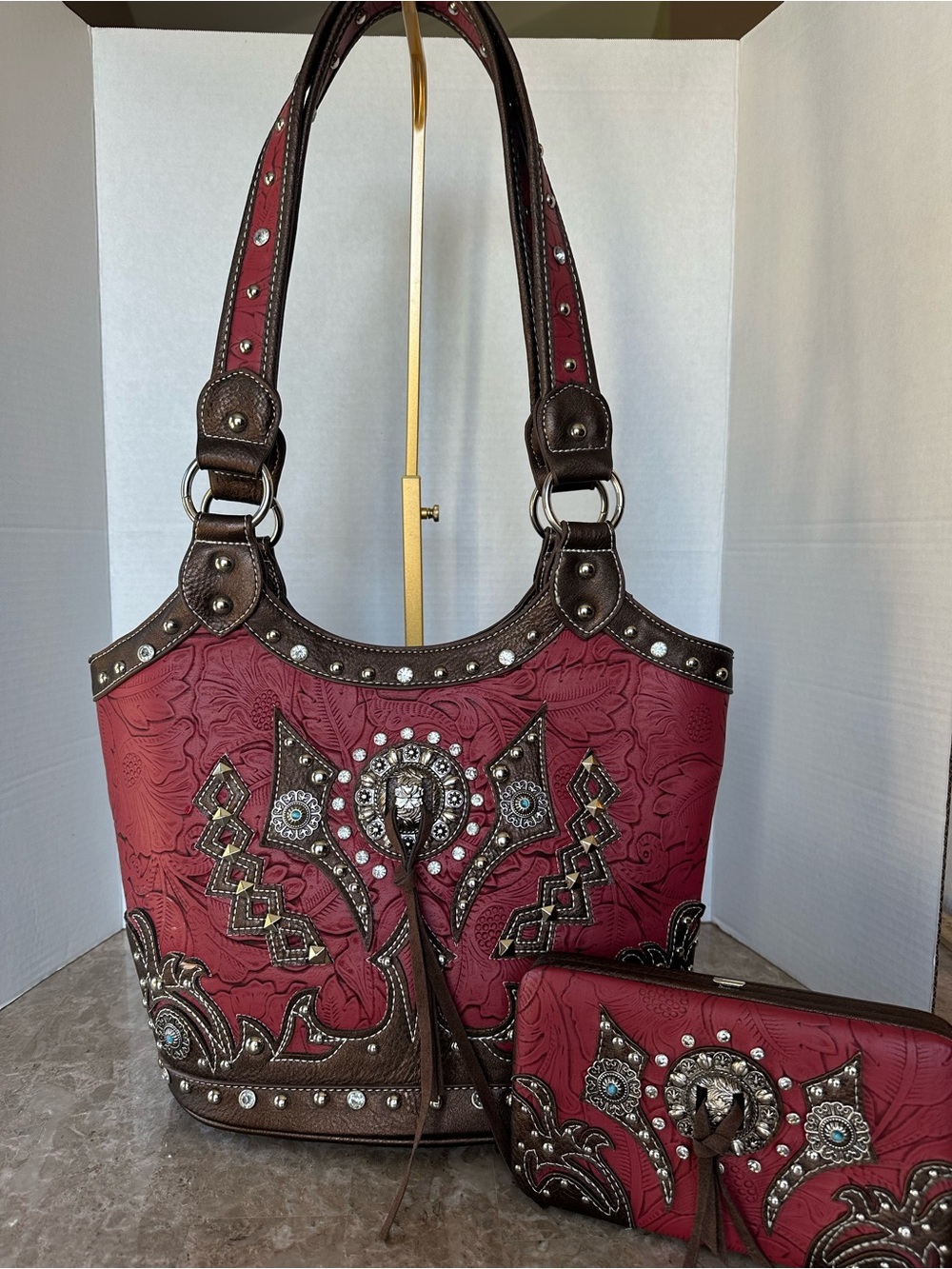 Western Cowgirl Burgundy Red Shoulder Bag & Wallet Set Vegan Leather Mcbling